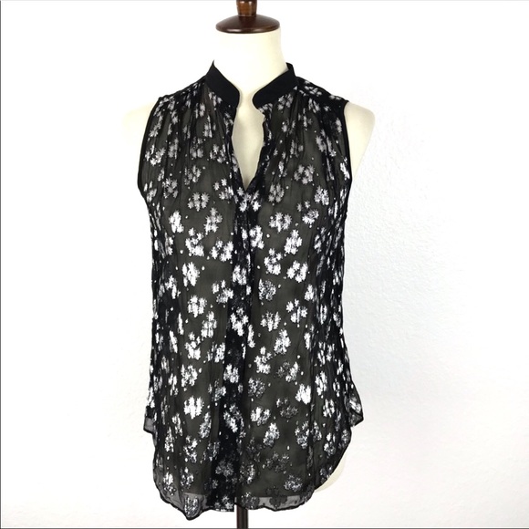 •REBECCA TAYLOR• Black Sheer Metallic Silver Top - Picture 2 of 8